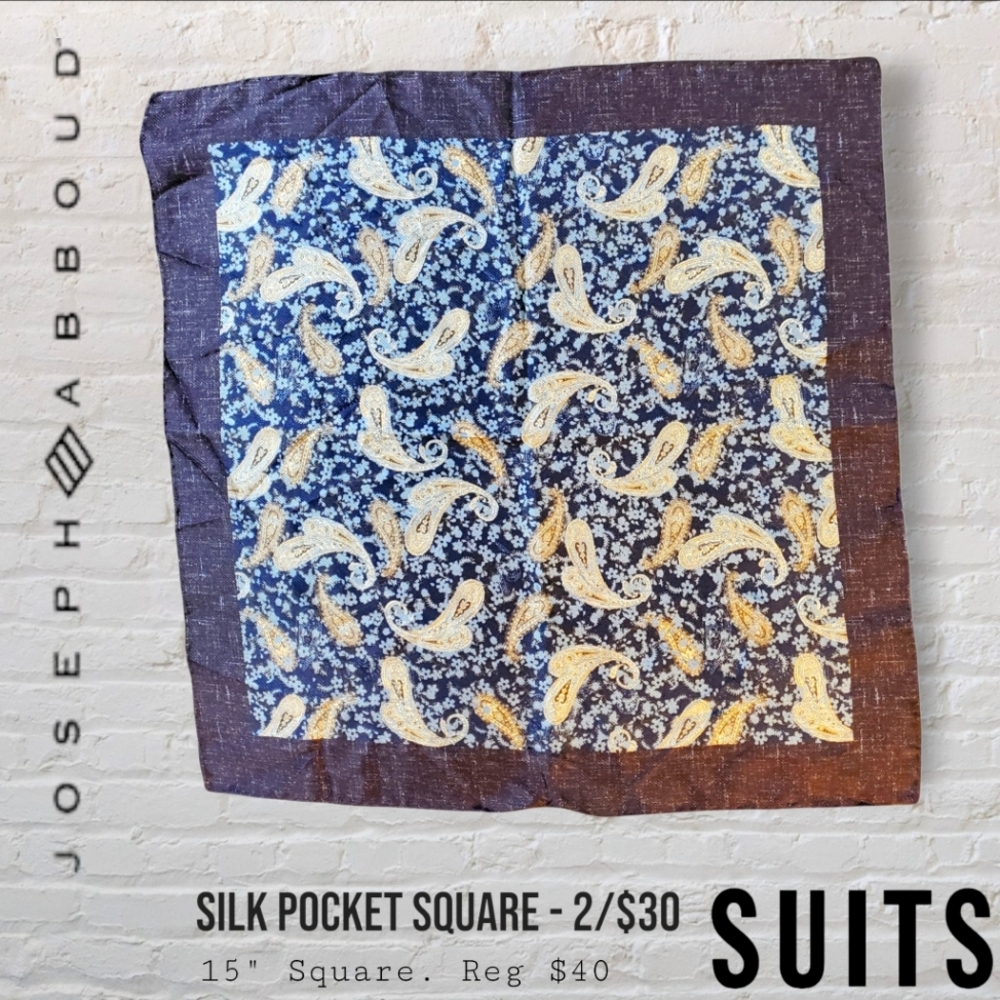 Joseph Abboud 15" Silk Floral Paisley Navy/Gold Pocket Square